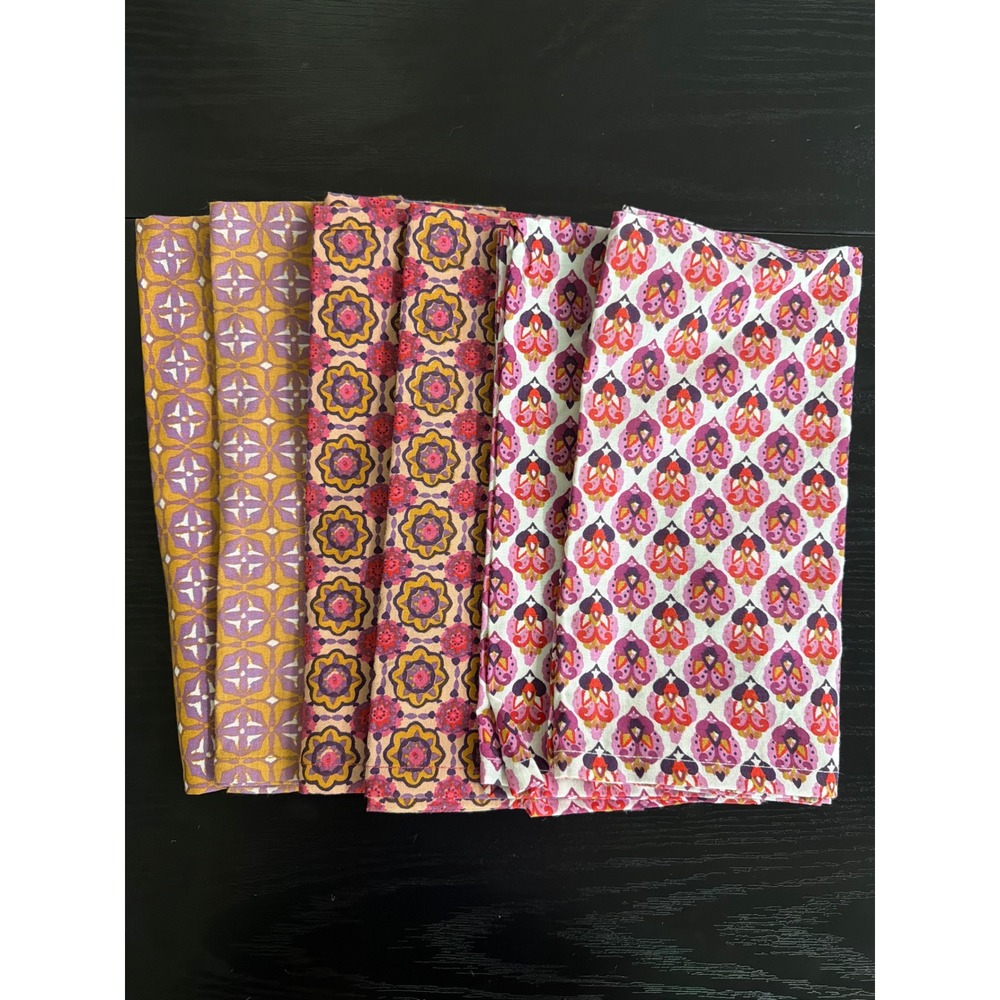 World Market Cotton Napkins Set of 6 Boho Floral Geometric Pink Purple 20x20